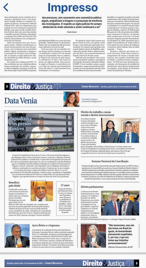 Correio Braziliense destaca homenagem ao Ministro Carlos Ayres Britto promovida pela AIDE